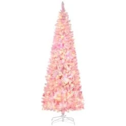 HOMCOM Prelit Snow Flocked Artificial Christmas Tree with Pencil Shape, Pine Realistic Branches, Warm White LED lights, Auto Open, Pink and White -Northlight Christmas Store GUEST 0142d949 8727 4de5 b660 224e02569c40