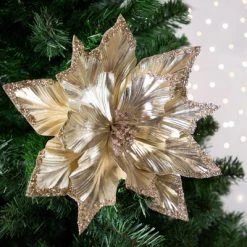 Northlight 24" Metallic Champagne Gold Glittered Poinsettia Christmas Stem Spray