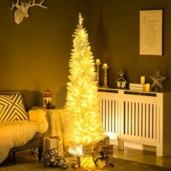 HOMCOM 6' Tall Pre-Lit Slim Noble Fir Artificial Christmas Tree with Realistic Branches, 200 Warm White LED Lights and 390 Tips