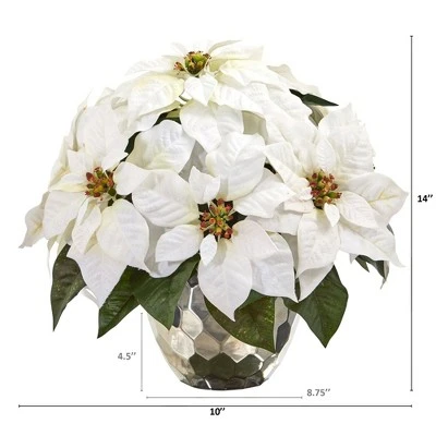 Nearly Natural 14-in Poinsettia Artificial Arrangement in Designer Silver Bowl 3 Nearly Natural 14-in Poinsettia Artificial Arrangement in Designer Silver Bowl