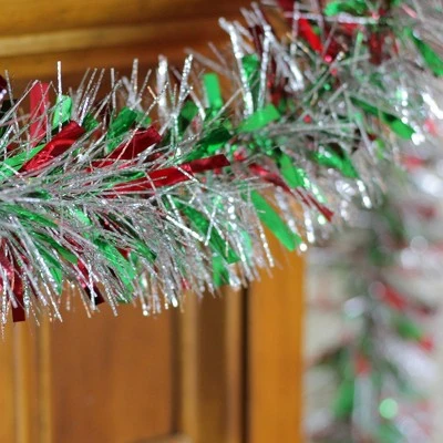 Northlight 12' x 4" Unlit Green/Red Wide Cut Metallic Silver Tinsel Christmas Garland 5 Northlight 12' x 4" Unlit Green/Red Wide Cut Metallic Silver Tinsel Christmas Garland - Image 3