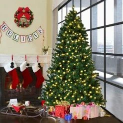 Tangkula 7.5'PVC Artificial Christmas Tree Pre-Lit 400 LED Lights w/ Metal Stand New