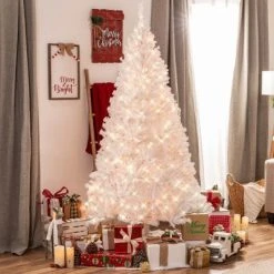 Best Choice Products Pre-Lit Premium Hinged White Artificial Christmas Pine Tree w/ Lights, Stand, PVC Branch Tips