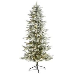 Nearly Natural 6.5’ Slim Flocked Nova Scotia Spruce Prelit LED Artificial Christmas Tree