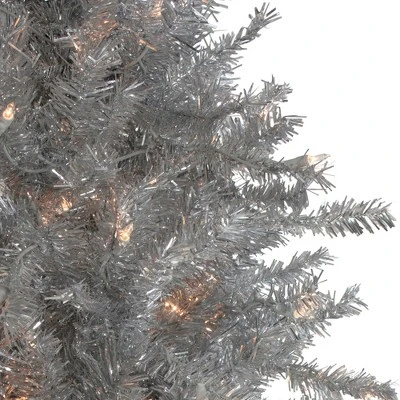 Northlight 7.5' Pre-Lit Silver Tinsel Pine Slim Artificial Christmas Tree - Clear Lights 4 Northlight 7.5' Pre-Lit Silver Tinsel Pine Slim Artificial Christmas Tree - Clear Lights - Image 2
