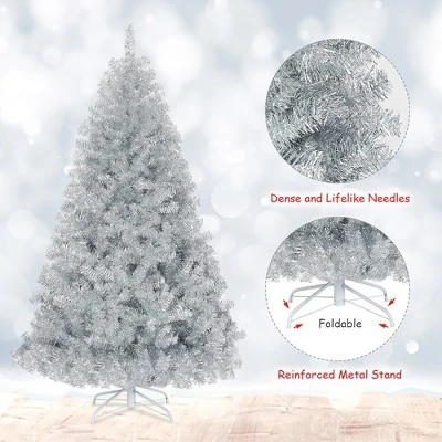 Costway 6Ft Hinged Unlit Artificial Silver Tinsel Christmas Tree Holiday w/Metal Stand 11 Costway 6Ft Hinged Unlit Artificial Silver Tinsel Christmas Tree Holiday w/Metal Stand - Image 9