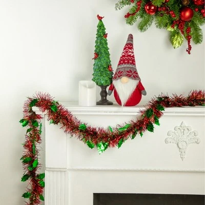 Northlight 12' x 4" Unlit Shiny Red Tinsel with Green Holly Leaves Christmas Garland 3 Northlight 12' x 4" Unlit Shiny Red Tinsel with Green Holly Leaves Christmas Garland