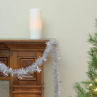 Northlight 50' x 2.75" Unlit Silver and Shiny Snowflakes Tinsel Christmas Garland 4 Northlight 50' x 2.75" Unlit Silver and Shiny Snowflakes Tinsel Christmas Garland - Image 2