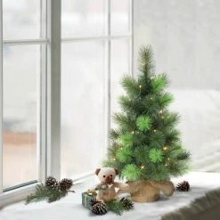 2ft Puleo Pre-Lit Tabletop Artificial Christmas Tree Burlap Sack Clear Lights