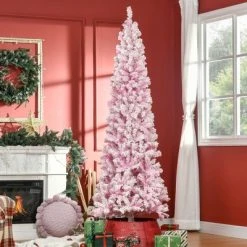 HOMCOM 7.5' Tall Unlit Snow Flocked Artificial Christmas Tree Slim Pencil Xmas Tree with Pine Shape and Realistic Branches, Pink -Northlight Christmas Store GUEST 1fd9e0ac c654 4624 826d a2c7147a7aa6