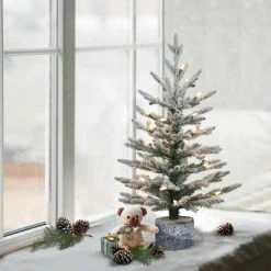 2ft Puleo Pre-Lit Flocked Potted Slim Artic Fir Artificial Christmas Tree Clear Lights