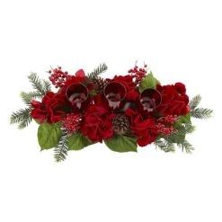 Nearly Natural 7.75-in Triple Hydrangea Red Candelabrum