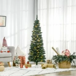 HOMCOM 5' Tall Pre-Lit Slim Noble Fir Artificial Christmas Tree with Realistic Branches, 110 Warm White LED Lights and 294 Tips, Green