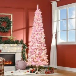 HOMCOM Prelit Snow Flocked Artificial Christmas Tree with Pencil Shape, Pine Realistic Branches, Warm White LED lights, Auto Open, Pink and White -Northlight Christmas Store GUEST 2bb60abd aa61 49c3 8393 55e34264c959