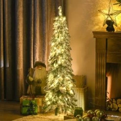 HOMCOM Pencil Prelit Artificial Christmas Tree Holiday Decoration with Snow-flocked Downswept Branches, Warm White or Colorful LED Lights