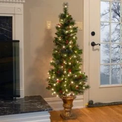 National Tree Company 5 ft Pre-Lit Artificial Entrance Christmas Tree, Green, Crestwood Spruce, White Lights, Frosted Branches, Pot Base