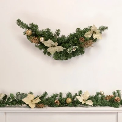 Northlight 6' x 9" Unlit Gold Poinsettia and Pinecone Artificial Christmas Garland 3 Northlight 6' x 9" Unlit Gold Poinsettia and Pinecone Artificial Christmas Garland