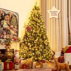 Costway 9ft Pre-Lit Artificial Hinged Christmas Tree w/8 Modes LED Lights and Foot Pedal