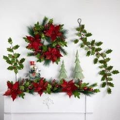 Northlight 48" Glittered Red Poinsettia and Long Pine Christmas Swag, Unlit