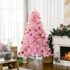 HOMCOM Artificial Christmas Tree Holiday Decoration with Auto Open, Steel Base, Wide Shape, Pink -Northlight Christmas Store GUEST 3782e4aa 17ca 40bc a8c8 3c39363f670c