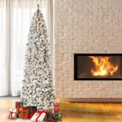 National Tree Company First Traditions Pre-Lit Pencil Slim Flocked Acacia Hinged Artificial Christmas Tree Clear Lights