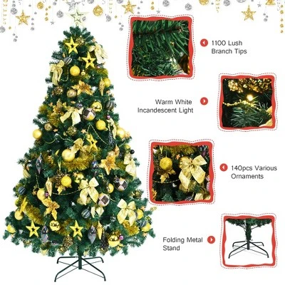Costway 7.5FT Pre-Lit Artificial Christmas Tree 1100 Tips w/140 Ornaments and 250 Lights 6 Costway 7.5FT Pre-Lit Artificial Christmas Tree 1100 Tips w/140 Ornaments and 250 Lights - Image 4