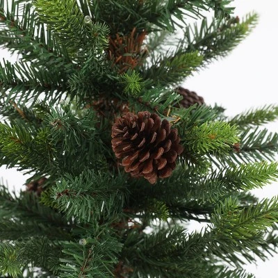 LuxenHome 5Ft Pre-Lit LED Artificial Slim Pine Christmas Tree with Pine Cones, Berries, and Red Wood Planter 7 LuxenHome 5Ft Pre-Lit LED Artificial Slim Pine Christmas Tree with Pine Cones, Berries, and Red Wood Planter - Image 5