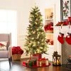 LuxenHome 5Ft Pre-Lit LED Artificial Slim Pine Christmas Tree with Pine Cones, Berries, and Red Wood Planter