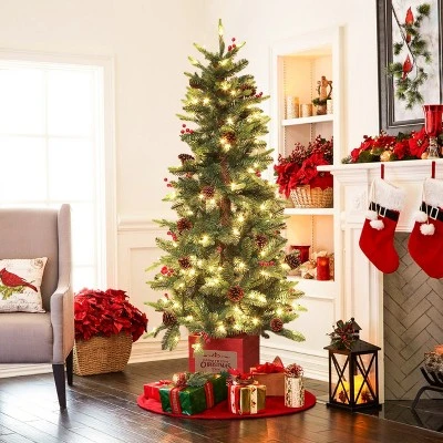LuxenHome 5Ft Pre-Lit LED Artificial Slim Pine Christmas Tree with Pine Cones, Berries, and Red Wood Planter 3 LuxenHome 5Ft Pre-Lit LED Artificial Slim Pine Christmas Tree with Pine Cones, Berries, and Red Wood Planter