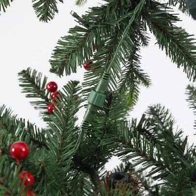 LuxenHome 5Ft Pre-Lit LED Artificial Slim Pine Christmas Tree with Pine Cones, Berries, and Red Wood Planter 8 LuxenHome 5Ft Pre-Lit LED Artificial Slim Pine Christmas Tree with Pine Cones, Berries, and Red Wood Planter - Image 6