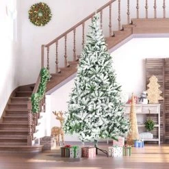HOMCOM 9' Tall Unlit Snow Flocked Pine Artificial Christmas Tree with Realistic Branches, Green