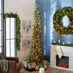 Home Heritage Pre-Lit Skinny Artificial Pine Christmas Tree with Lights and Foldable Stand -Northlight Christmas Store GUEST 451649de 42e0 4c80 a0c9 1d3b025f3eb6