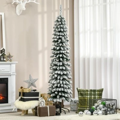 HOMCOM 6' Tall Unlit Snow Flocked Artificial Christmas Tree, Slim Pencil Xmas Tree with Realistic Branches and 395 Tips, Green 3 HOMCOM 6' Tall Unlit Snow Flocked Artificial Christmas Tree, Slim Pencil Xmas Tree with Realistic Branches and 395 Tips, Green