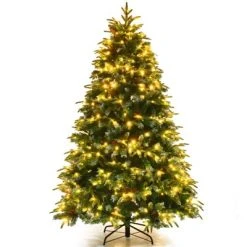 Tangkula Hinged Life-Like Christmas Tree W/ LED Lights Pre-Lit Artificial Xmas Tree W/ PE & PVC Leaves