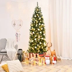 Tangkula Pre-lit Hinged Artificial Pencil Fir Christmas Tree with UL-listed Lights