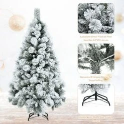 Tangkula 5FT Hinged Slim Artificial Xmas Tree, Snow-Flocked Pencil Christmas Tree W/ 470 Branch Tips