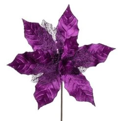Vickerman 11" Plum Velvet and Glitter Mesh Poinsettia Flower on Stem, 6 per bag.