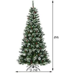 Costway 8 ft Snow Flocked Artificial Christmas Hinged Tree w/ Pine Needles & Red Berries