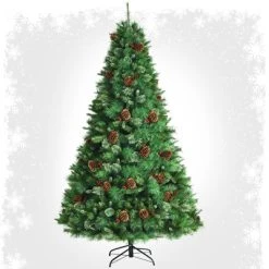 Tangkula 8ft Pre-Decorated Holiday Christmas Tree Unlit Artificial Pine Tree w/ Red Berries