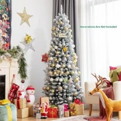 Costway 6.5ft Snow-Flocked Hinged Artificial Christmas Pencil Tree w/ 829 Mixed Tips