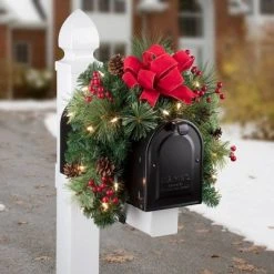 Haute Decor Haute Décor 30" Battery Operated Pre-Lit LED Mixed Greenery Christmas Artificial Mailbox Swag Green with White Lights