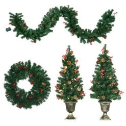 HOMCOM Prelit Holiday Christmas 4-Piece Set, Garland Wreath and Set of 2 Entrance Trees with Warm White LED Lights, Red Berries, Pine Cones, Green -Northlight Christmas Store GUEST 58346917 998c 42a6 a82e d05351177d3c
