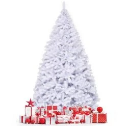 Tangkula 9ft White Christmas Pine Tree Hinged Artificial Decoration w/ 2132 Tips & Metal Stand