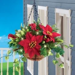 Collections Etc. Collections Etc Hanging Artificial Evergreen Poinsettia and Pine Basket 12 X 12 X 17