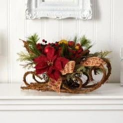 Nearly Natural 18-in Christmas Sleigh with Poinsettia, Berries and Pinecone Artificial Arrangement with Ornaments -Northlight Christmas Store GUEST 5dd196c5 2c79 4ff2 a773 c5363eb9cd38