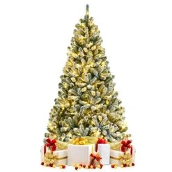Tangkula 6FT Snow Flocked Artificial Christmas Hinged Tree Pre-lit Artificial Xmas Full Tree with 928 Branch Tips