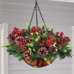 Collections Etc. Collections Etc Lighted Faux Pine Arrangement Hanging Basket 12 X 12 X 17