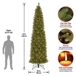 National Tree Company Tacoma Pine 12 Foot Pre-lit Slim Artificial Christmas Holiday Tree with White Lights, Metal Stand, and Easy Assembly, Green