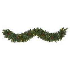 Nearly Natural 6’ White Mountain Pine Artificial Garland with 35 White Warm LED Lights and Pinecones