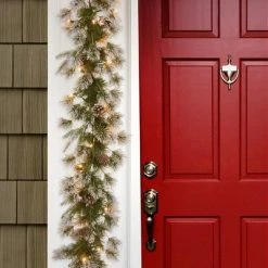 National Tree Company Pre-Lit 'Feel Real' Artificial Christmas Garland, Green, Liberty Pine Cones, White Lights, Frosted Branches, Plug In, 9 Feet